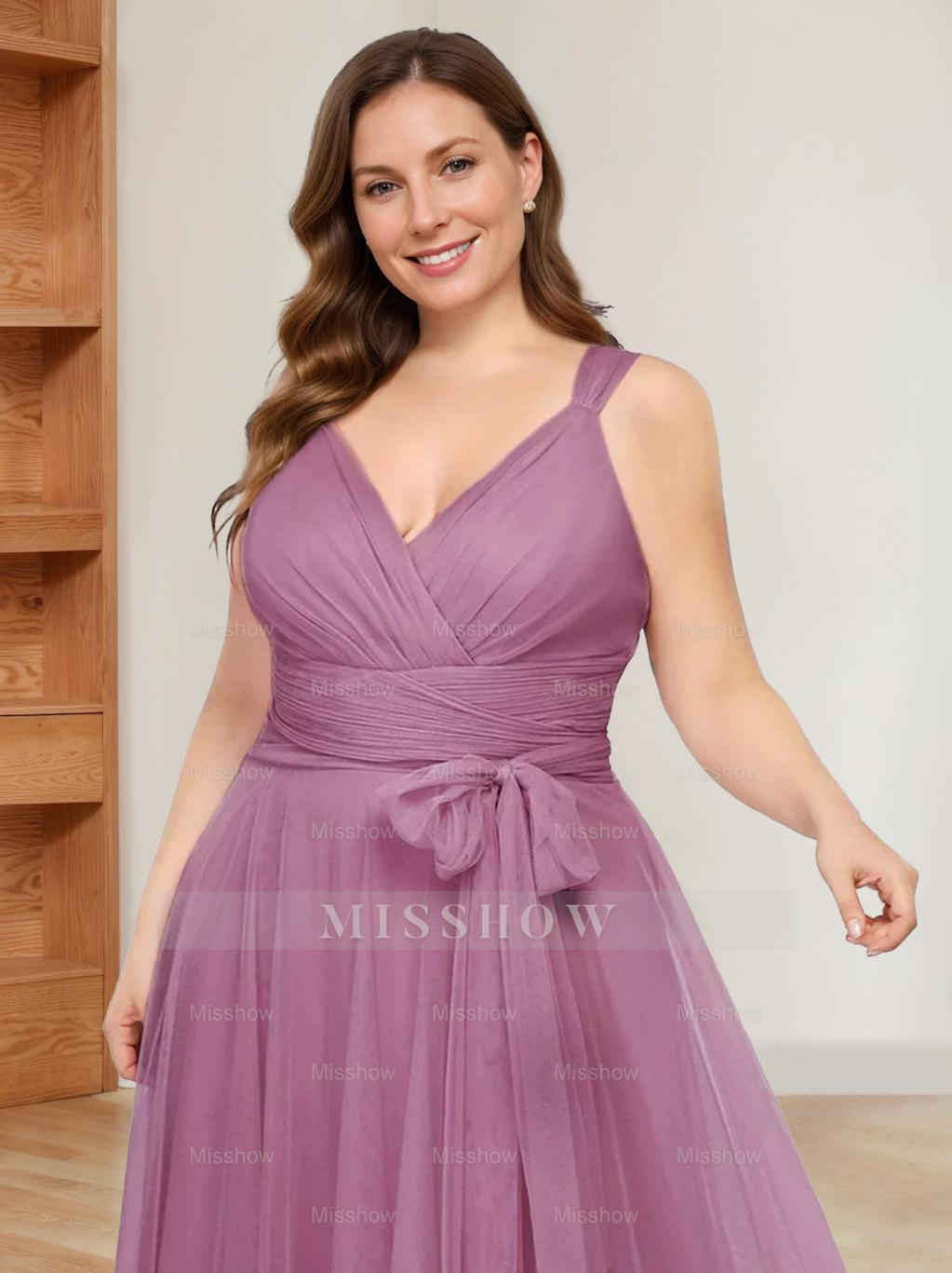 V-Neck Sleeveless A-Line Princess Floor-Length Tulle Plus Size Mother of the Bride Dress with Ruffles