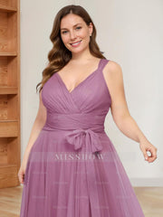 V-Neck Sleeveless A-Line Princess Floor-Length Tulle Plus Size Mother of the Bride Dress with Ruffles