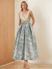 V-Neck Sleeveless A-Line Princess Ruched Floral Printed Mother of the Bride Dress