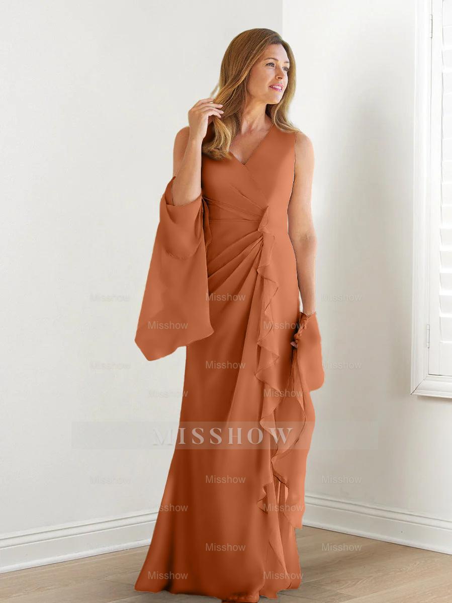 V-Neck Sleeveless Floor-Length Mother of the Bride Gown with Wraps & Ruffles