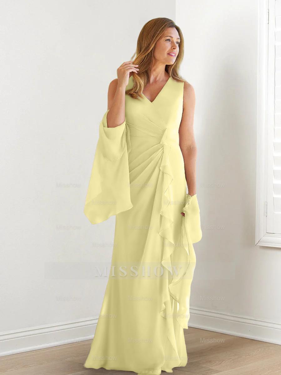 V-Neck Sleeveless Floor-Length Mother of the Bride Gown with Wraps & Ruffles