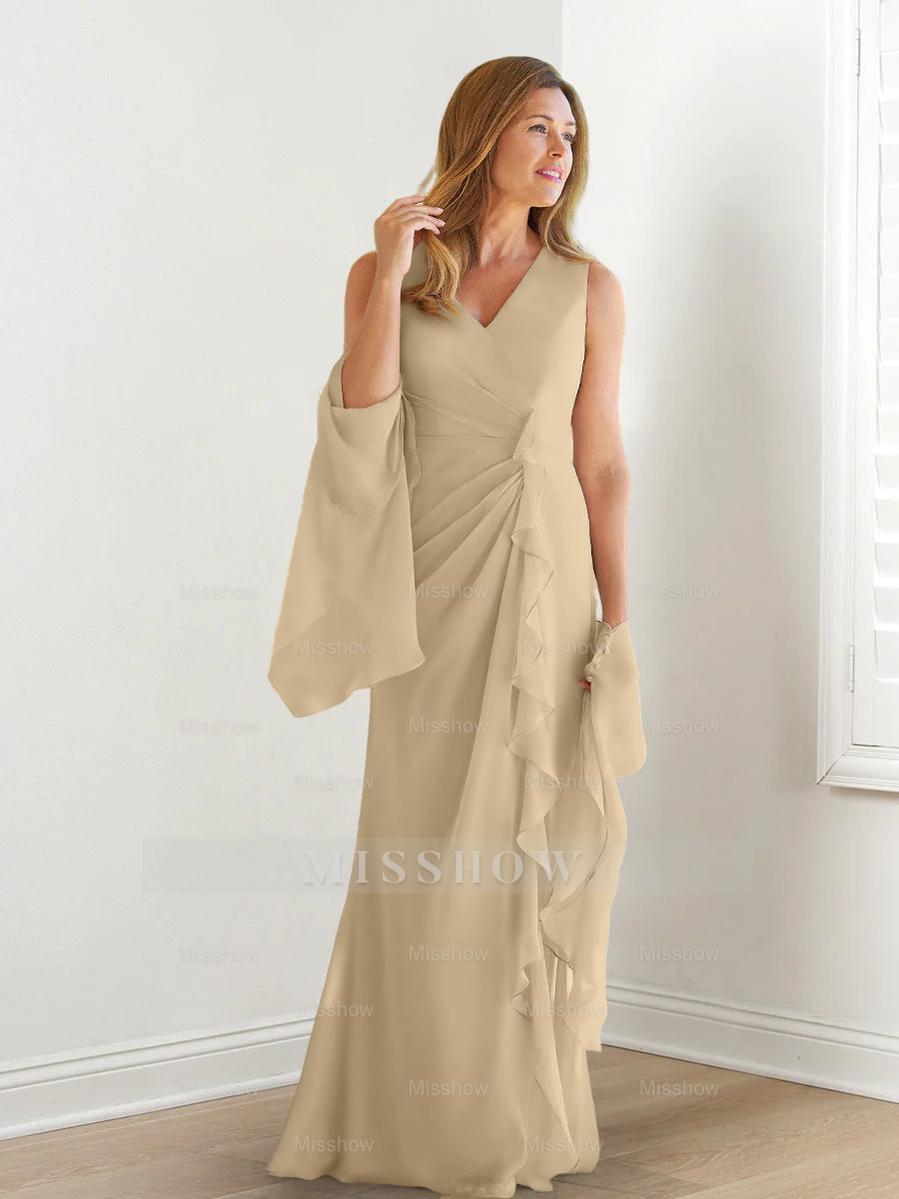 V-Neck Sleeveless Floor-Length Mother of the Bride Gown with Wraps & Ruffles