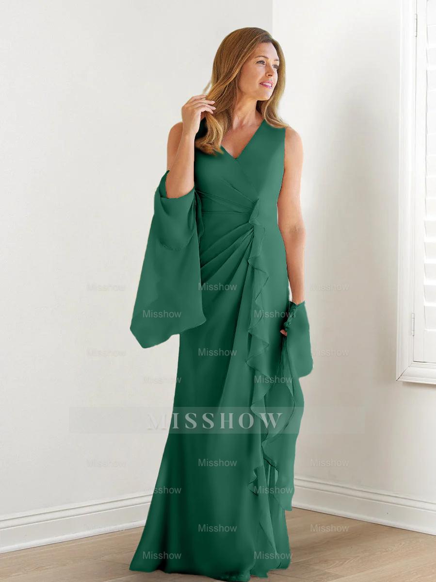 V-Neck Sleeveless Floor-Length Mother of the Bride Gown with Wraps & Ruffles