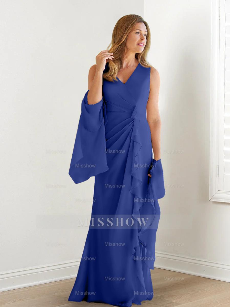 V-Neck Sleeveless Floor-Length Mother of the Bride Gown with Wraps & Ruffles