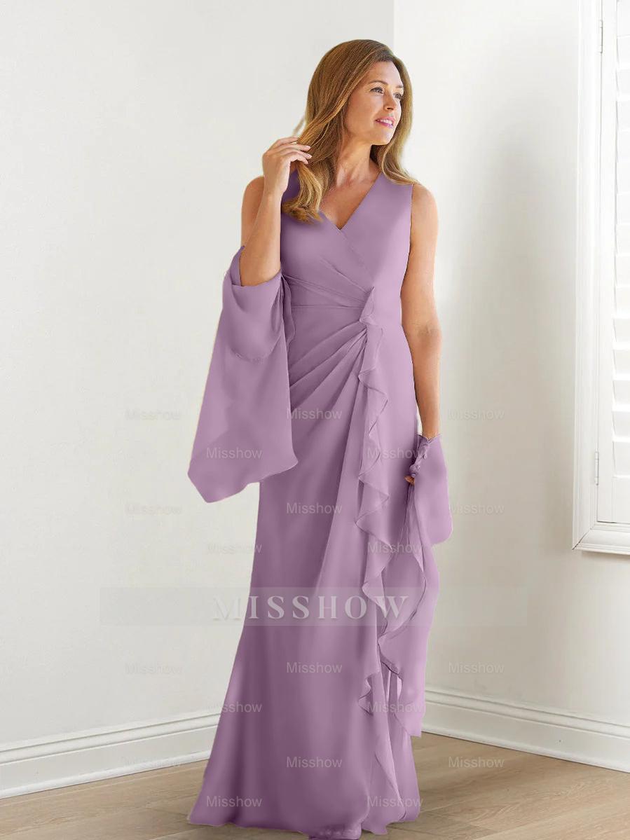 V-Neck Sleeveless Floor-Length Mother of the Bride Gown with Wraps & Ruffles