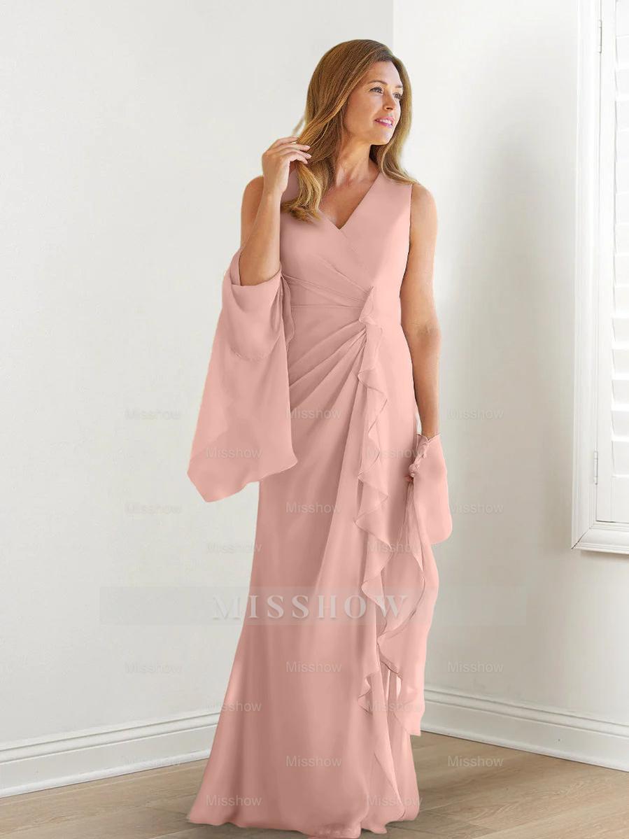 V-Neck Sleeveless Floor-Length Mother of the Bride Gown with Wraps & Ruffles