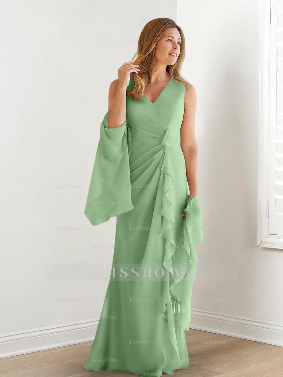 V-Neck Sleeveless Floor-Length Mother of the Bride Gown with Wraps & Ruffles