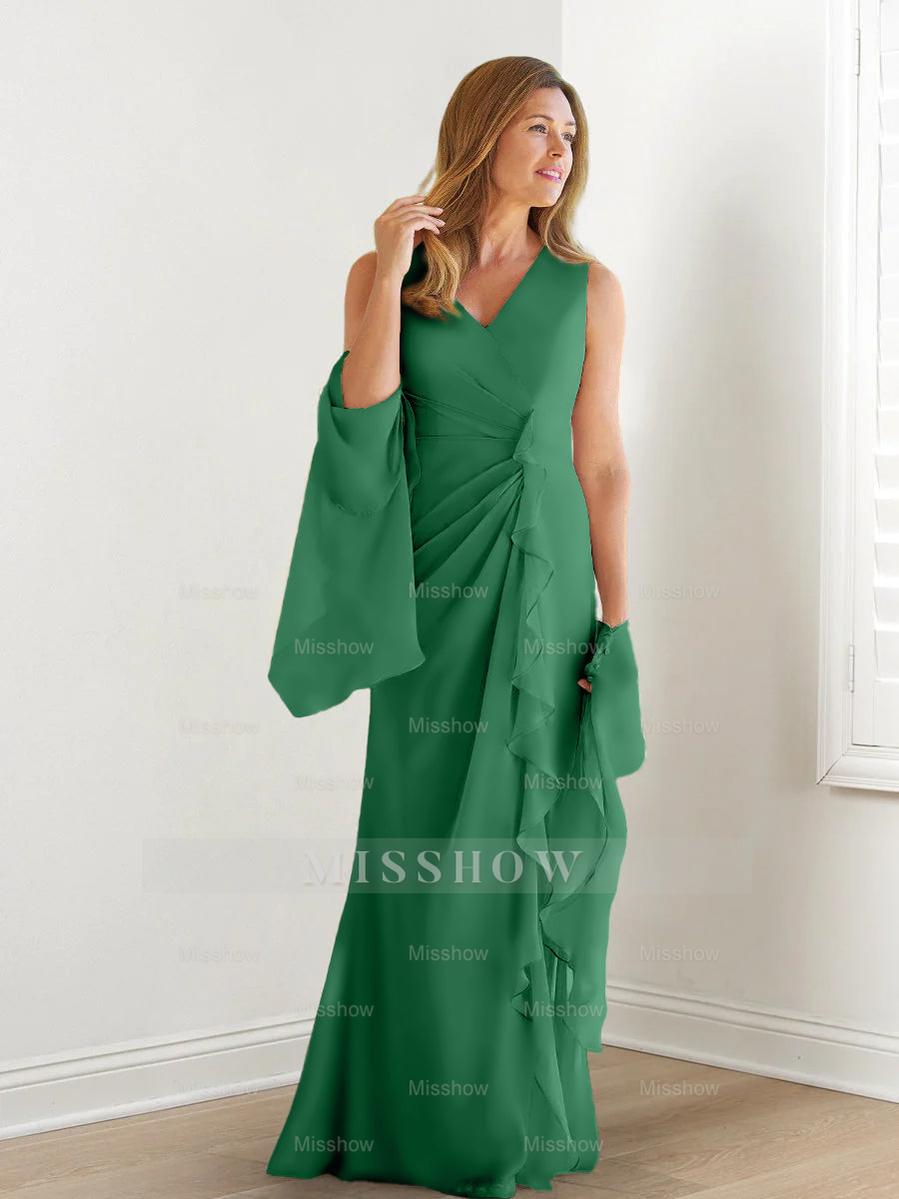 V-Neck Sleeveless Floor-Length Mother of the Bride Gown with Wraps & Ruffles
