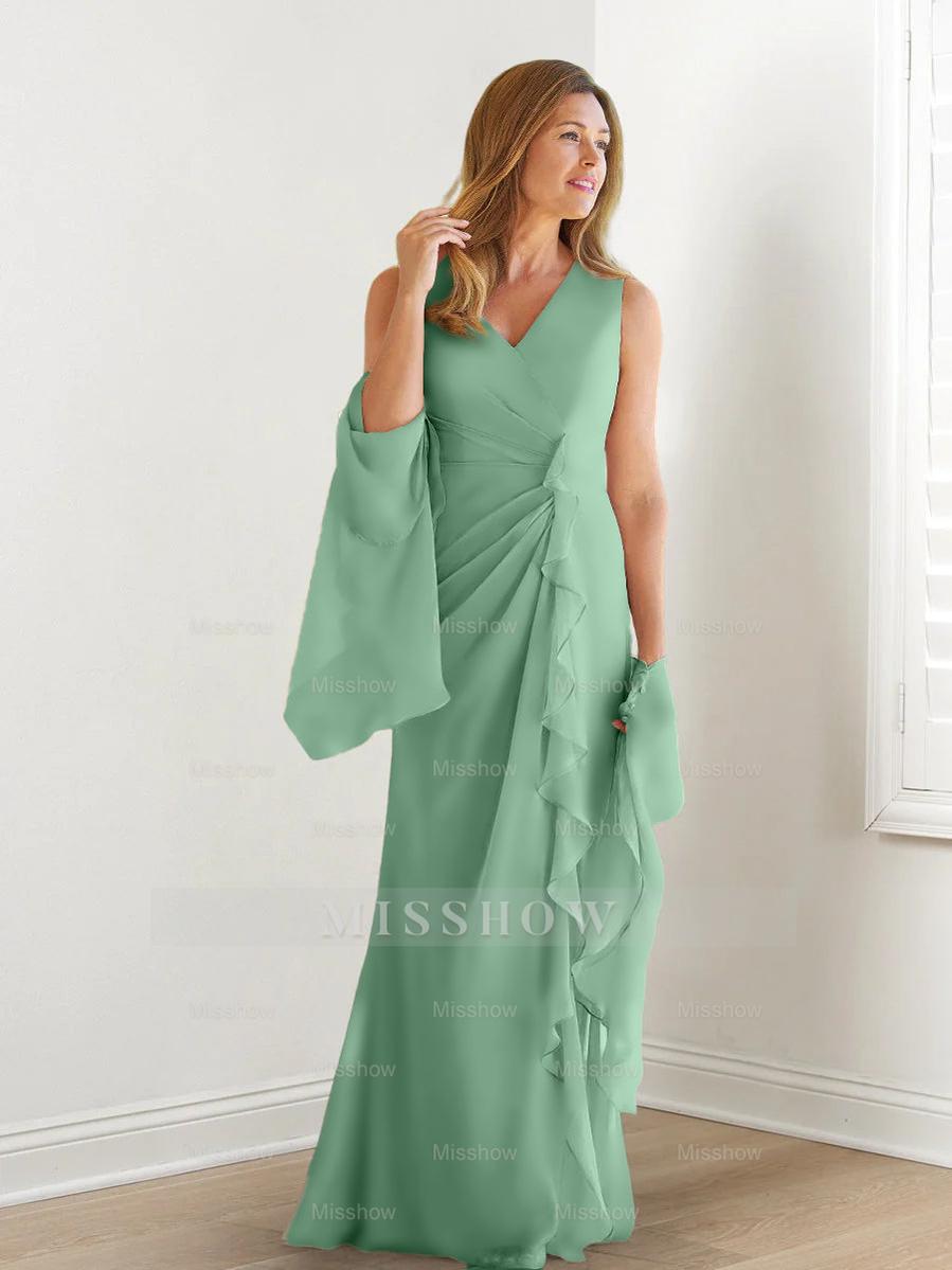 V-Neck Sleeveless Floor-Length Mother of the Bride Gown with Wraps & Ruffles