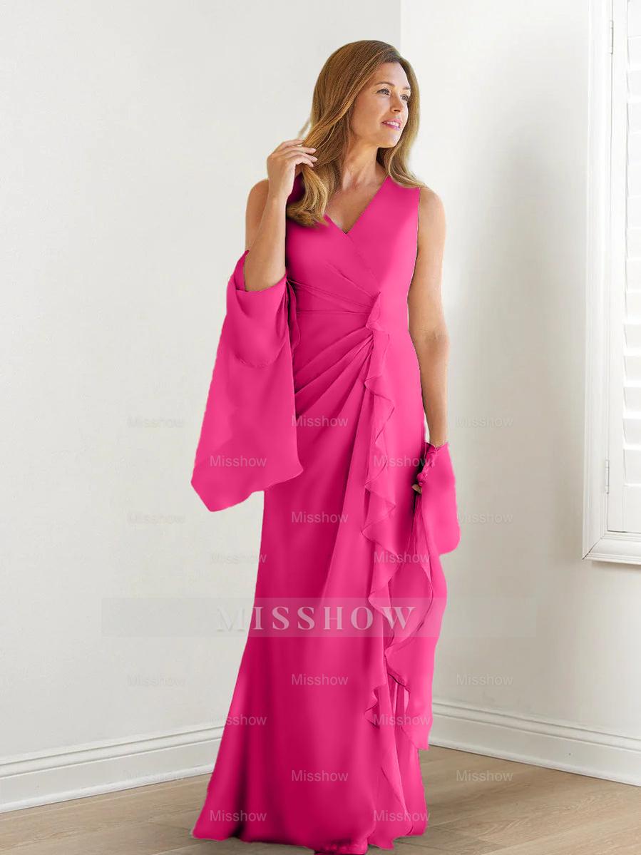 V-Neck Sleeveless Floor-Length Mother of the Bride Gown with Wraps & Ruffles