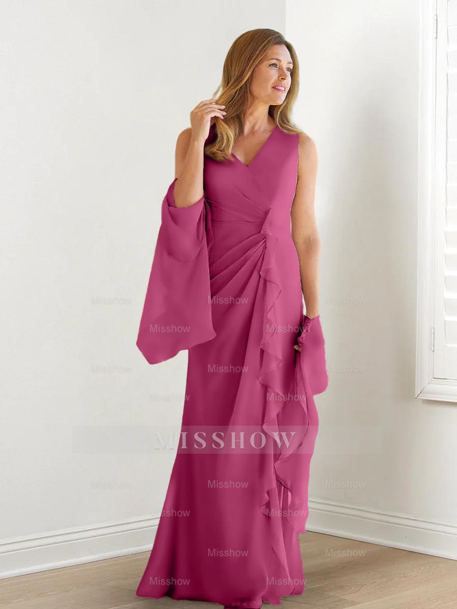 V-Neck Sleeveless Floor-Length Mother of the Bride Gown with Wraps & Ruffles