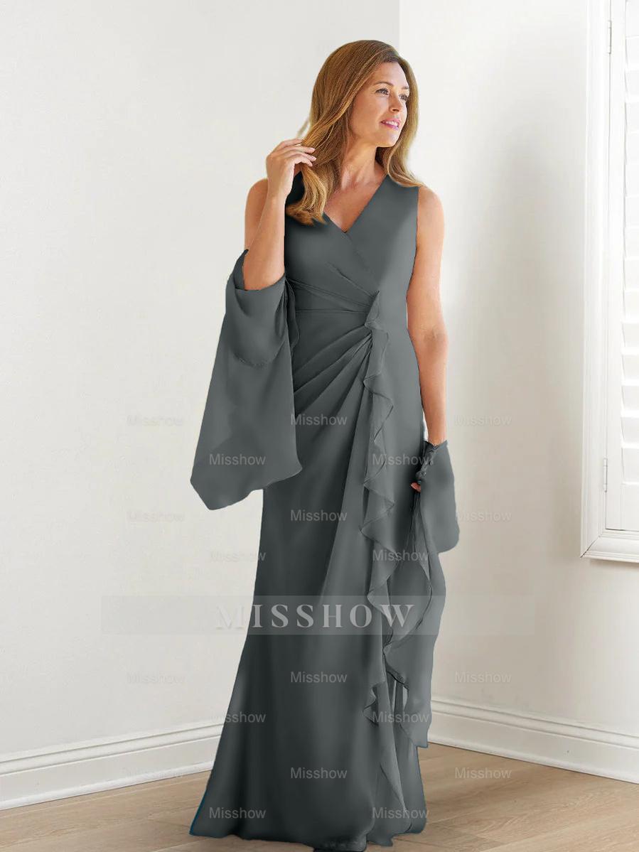 V-Neck Sleeveless Floor-Length Mother of the Bride Gown with Wraps & Ruffles