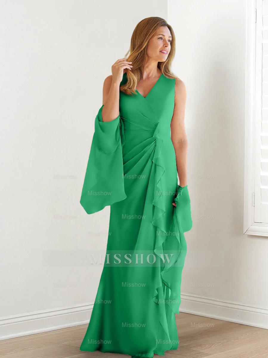 V-Neck Sleeveless Floor-Length Mother of the Bride Gown with Wraps & Ruffles