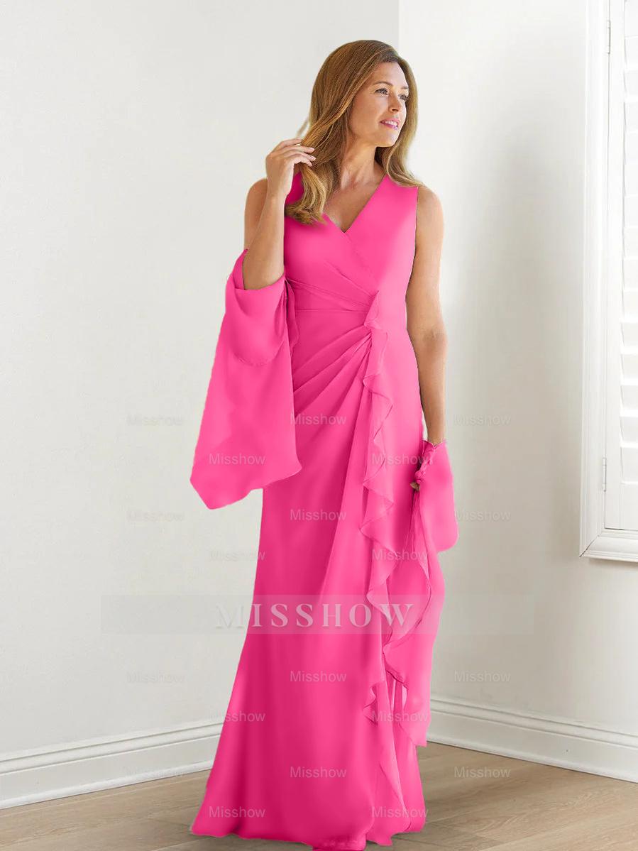 V-Neck Sleeveless Floor-Length Mother of the Bride Gown with Wraps & Ruffles