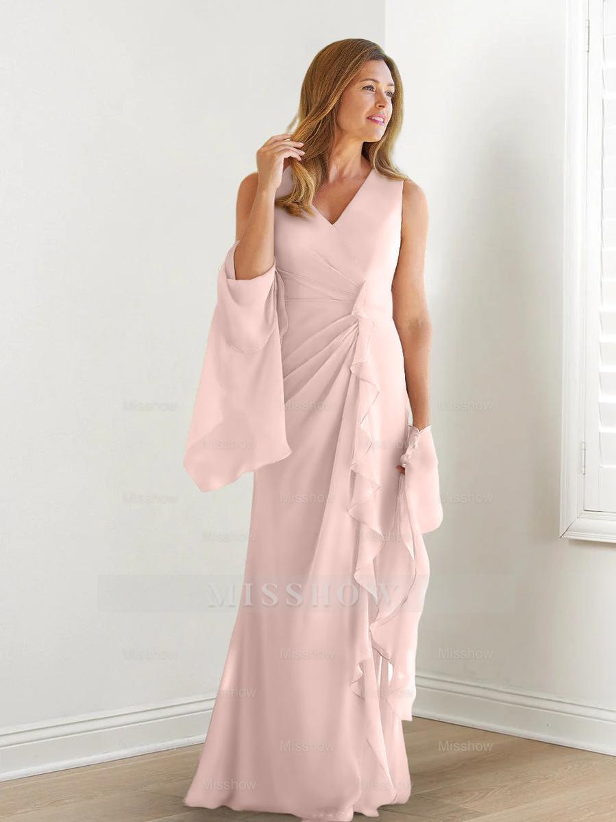 V-Neck Sleeveless Floor-Length Mother of the Bride Gown with Wraps & Ruffles