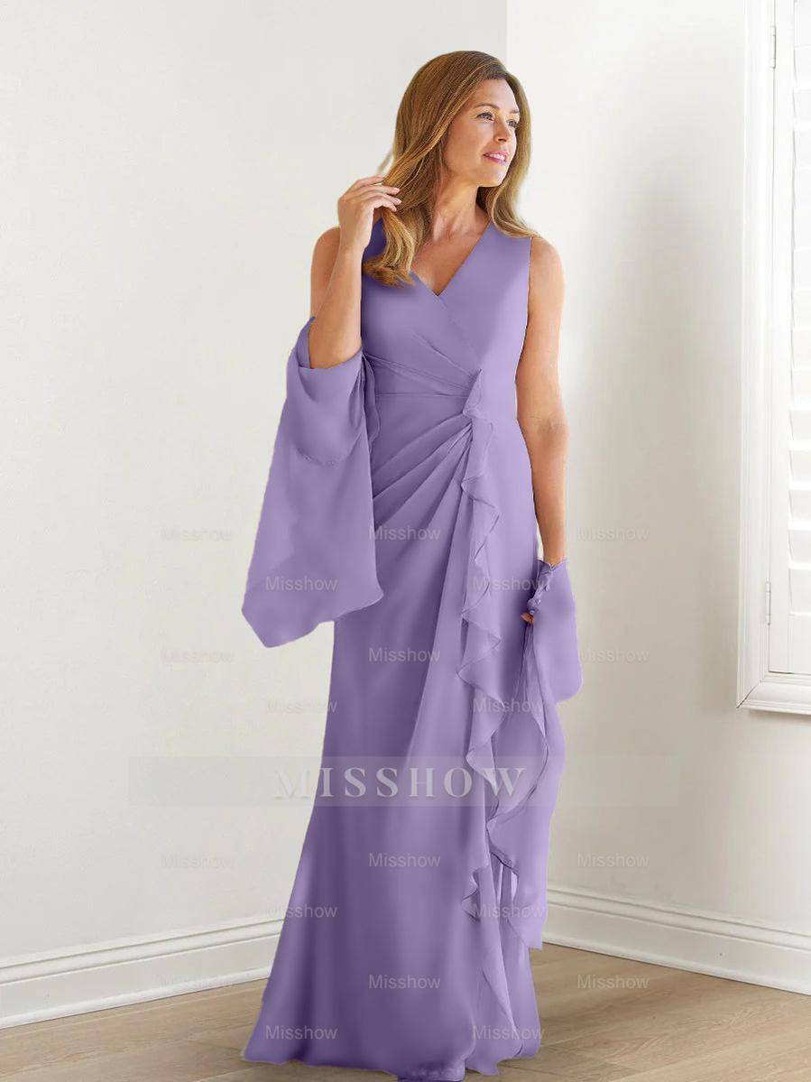 V-Neck Sleeveless Floor-Length Mother of the Bride Gown with Wraps & Ruffles