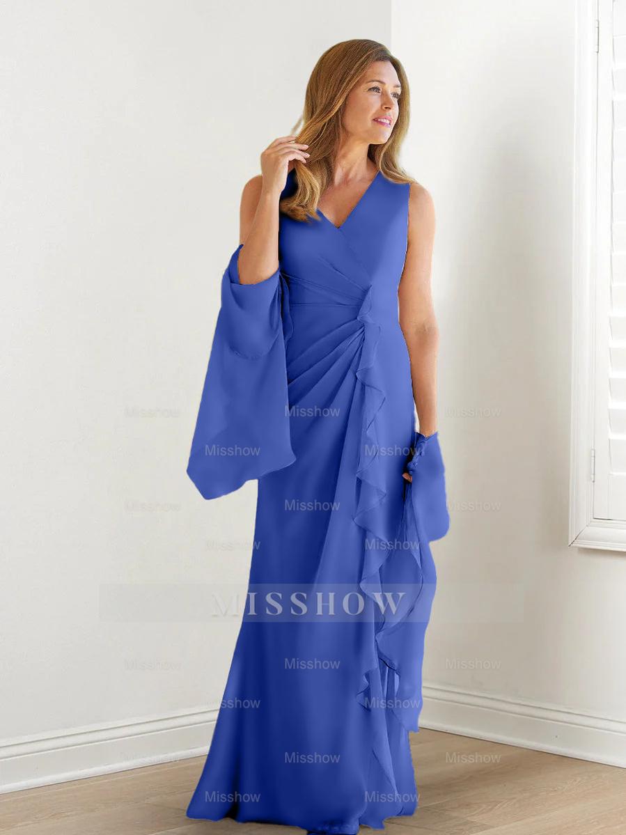 V-Neck Sleeveless Floor-Length Mother of the Bride Gown with Wraps & Ruffles