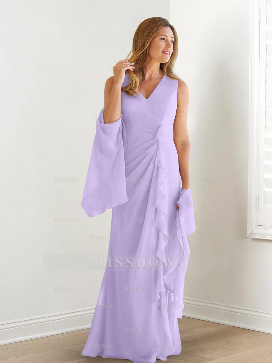 V-Neck Sleeveless Floor-Length Mother of the Bride Gown with Wraps & Ruffles