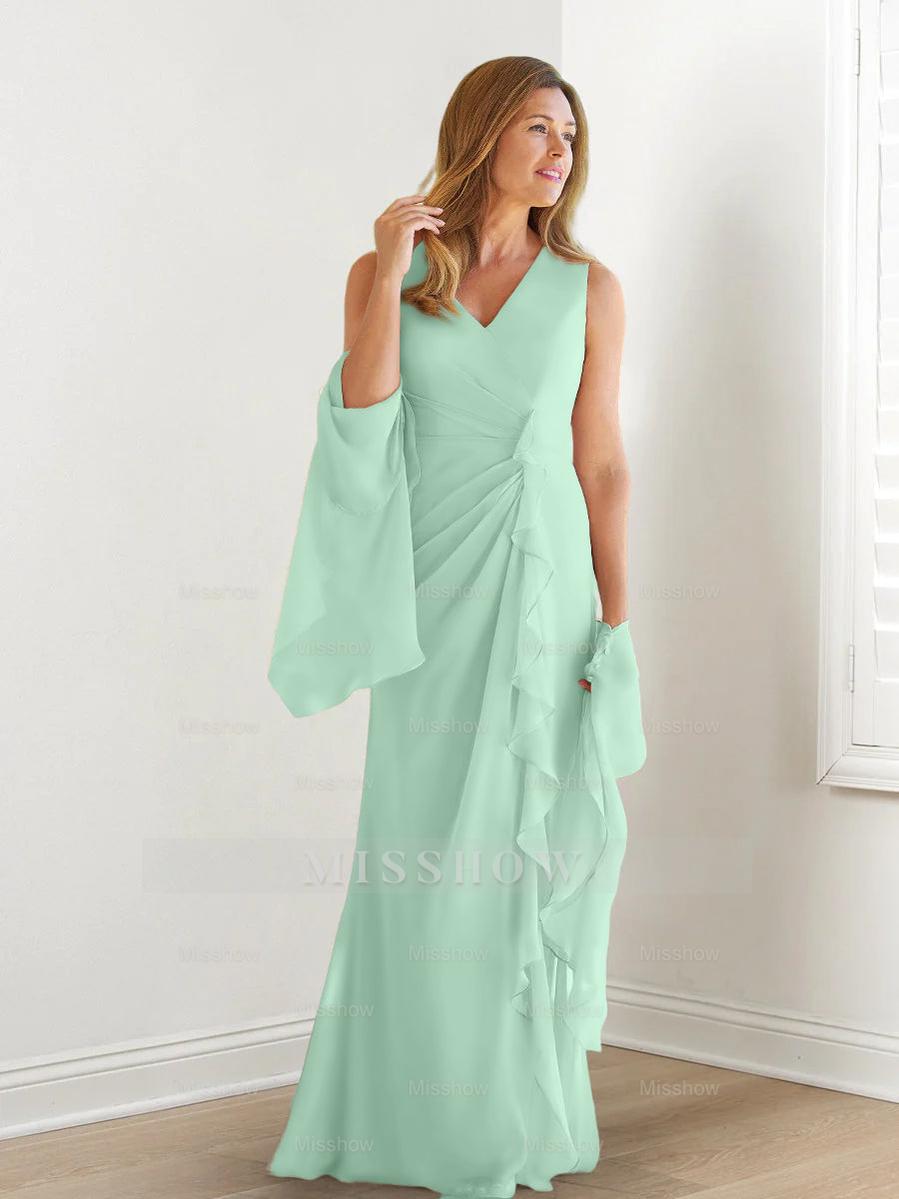 V-Neck Sleeveless Floor-Length Mother of the Bride Gown with Wraps & Ruffles