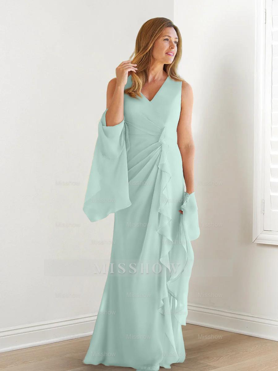 V-Neck Sleeveless Floor-Length Mother of the Bride Gown with Wraps & Ruffles