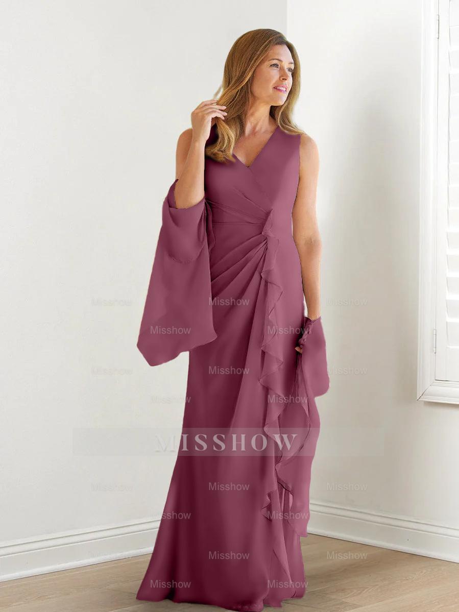 V-Neck Sleeveless Floor-Length Mother of the Bride Gown with Wraps & Ruffles