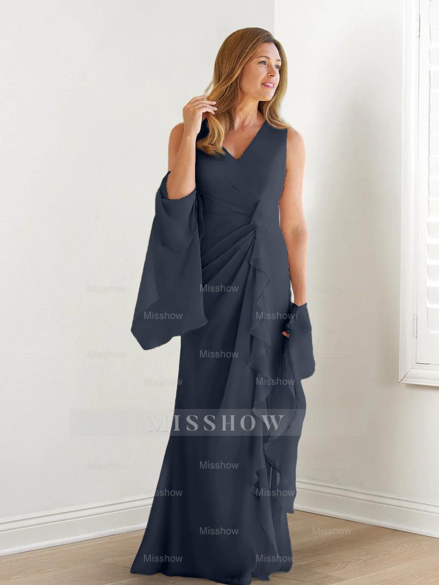 V-Neck Sleeveless Floor-Length Mother of the Bride Gown with Wraps & Ruffles