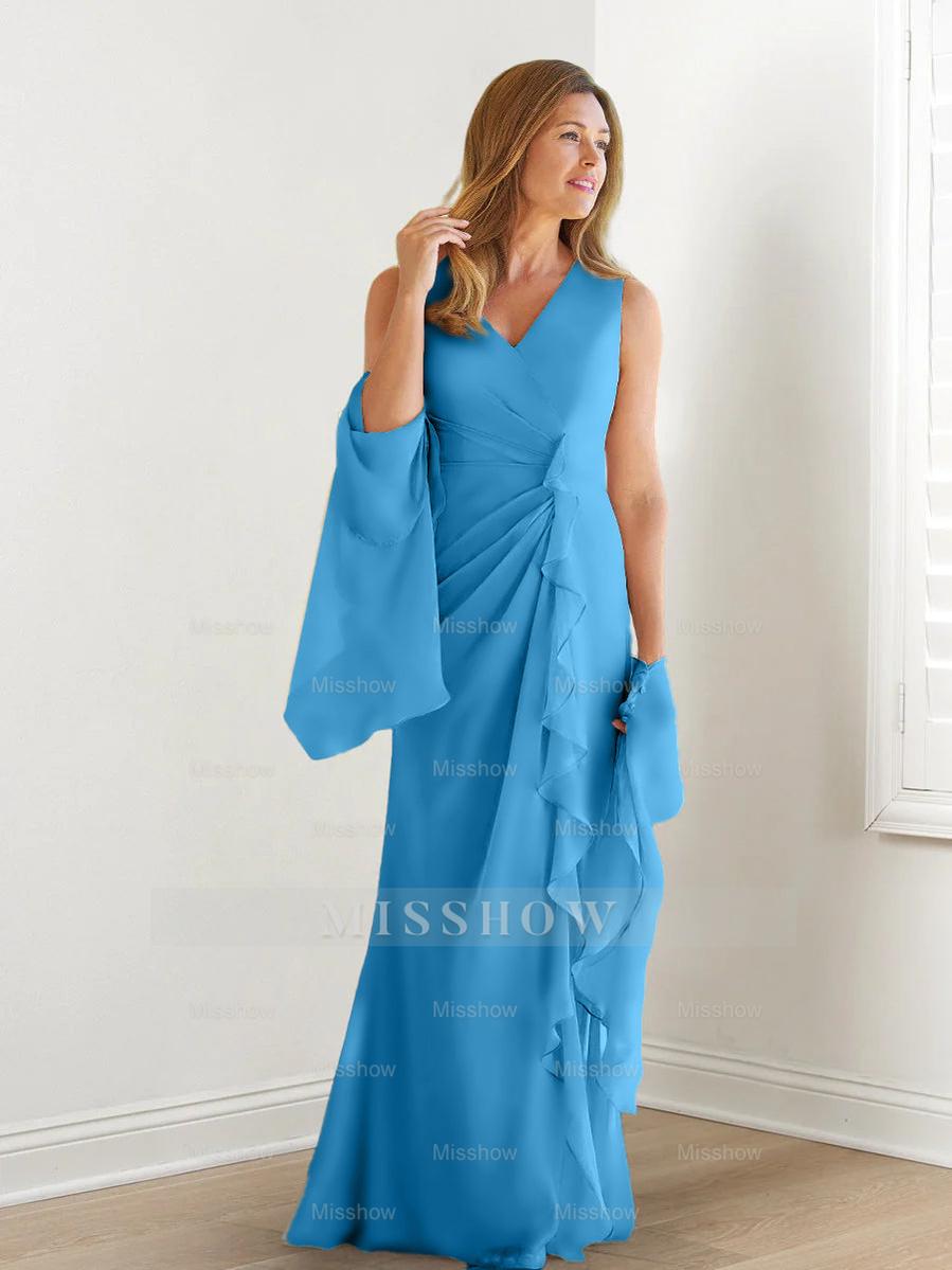 V-Neck Sleeveless Floor-Length Mother of the Bride Gown with Wraps & Ruffles