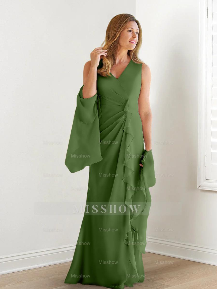 V-Neck Sleeveless Floor-Length Mother of the Bride Gown with Wraps & Ruffles