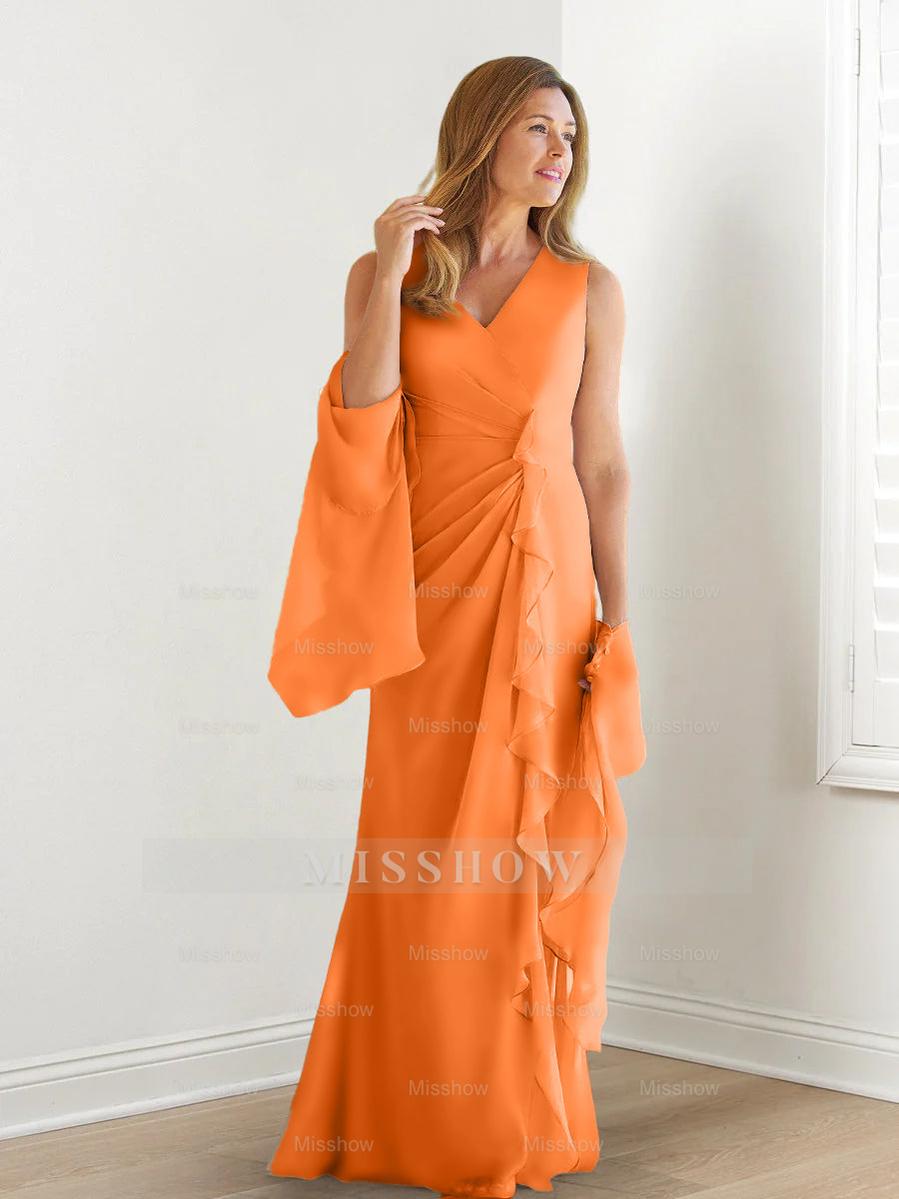 V-Neck Sleeveless Floor-Length Mother of the Bride Gown with Wraps & Ruffles
