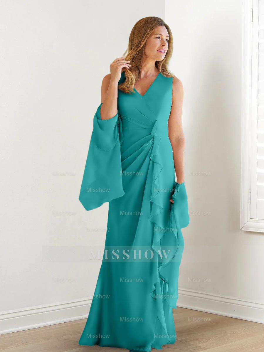 V-Neck Sleeveless Floor-Length Mother of the Bride Gown with Wraps & Ruffles