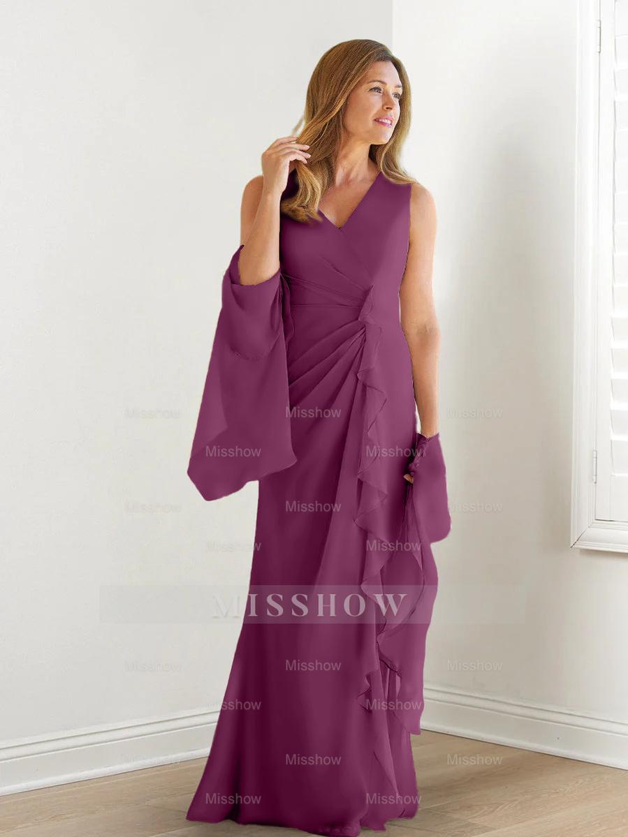 V-Neck Sleeveless Floor-Length Mother of the Bride Gown with Wraps & Ruffles