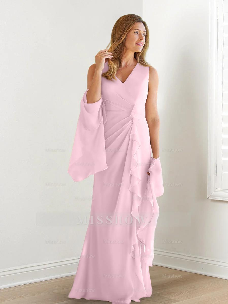 V-Neck Sleeveless Floor-Length Mother of the Bride Gown with Wraps & Ruffles
