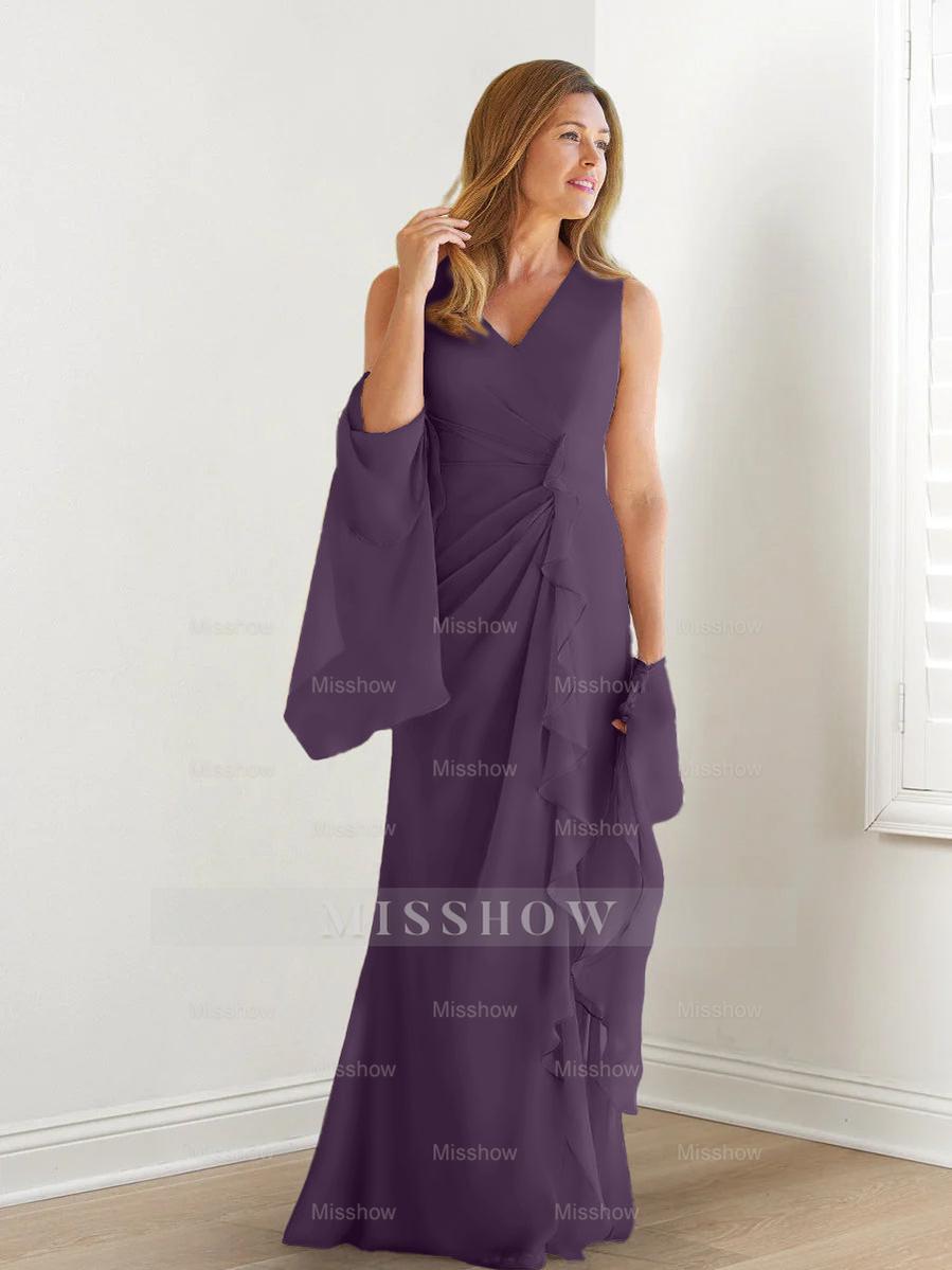 V-Neck Sleeveless Floor-Length Mother of the Bride Gown with Wraps & Ruffles