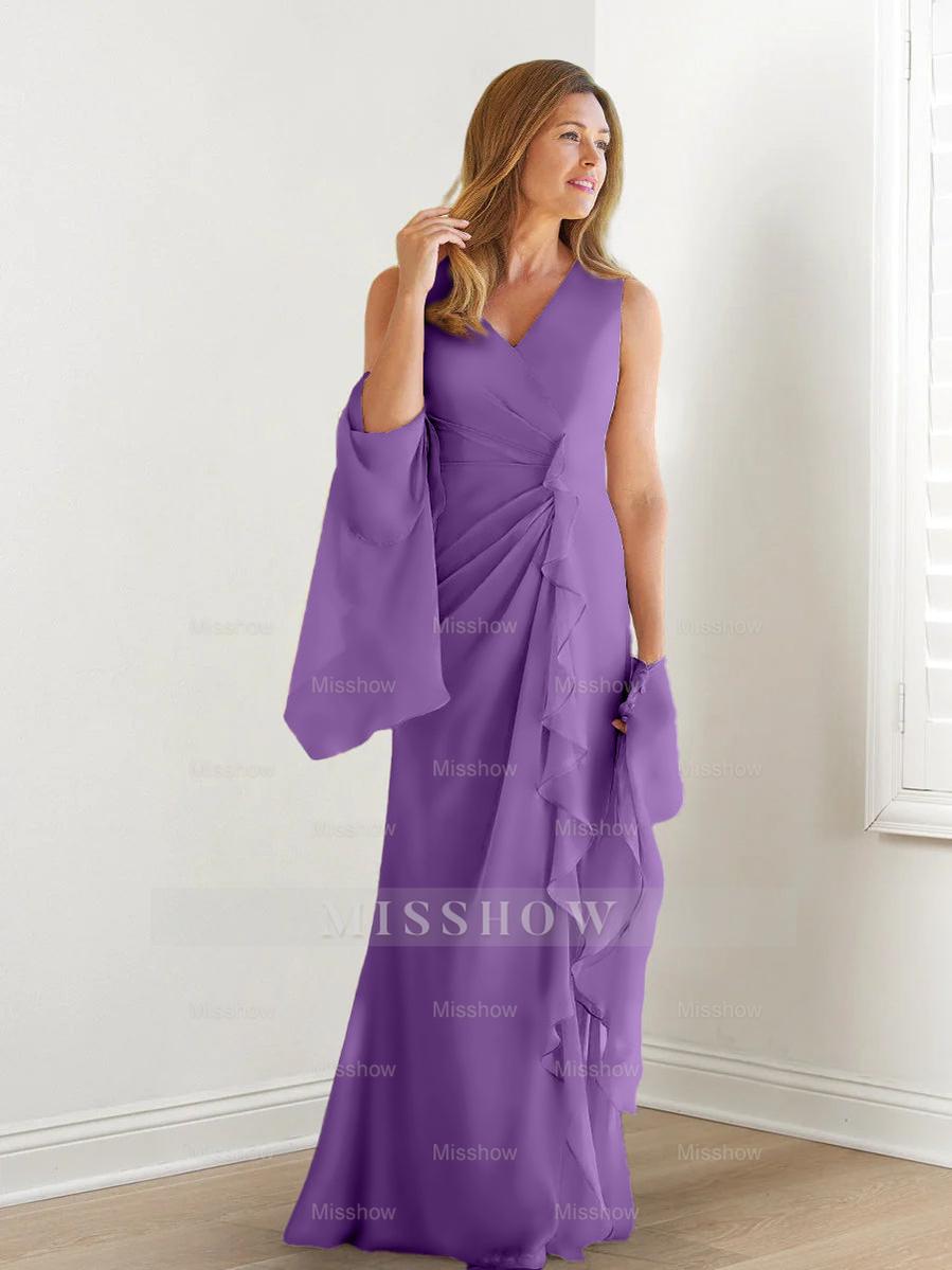 V-Neck Sleeveless Floor-Length Mother of the Bride Gown with Wraps & Ruffles