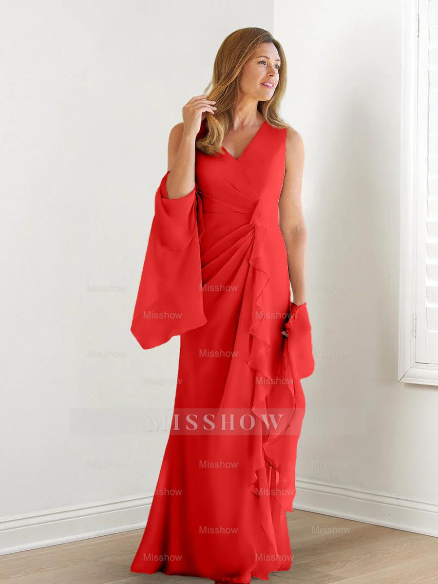 V-Neck Sleeveless Floor-Length Mother of the Bride Gown with Wraps & Ruffles