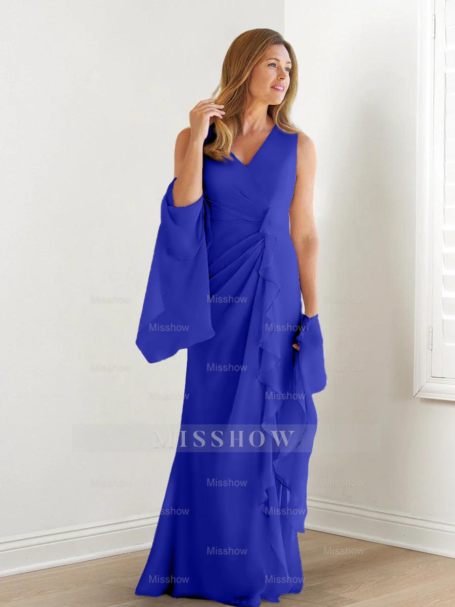 V-Neck Sleeveless Floor-Length Mother of the Bride Gown with Wraps & Ruffles