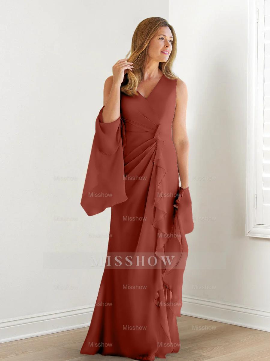 V-Neck Sleeveless Floor-Length Mother of the Bride Gown with Wraps & Ruffles