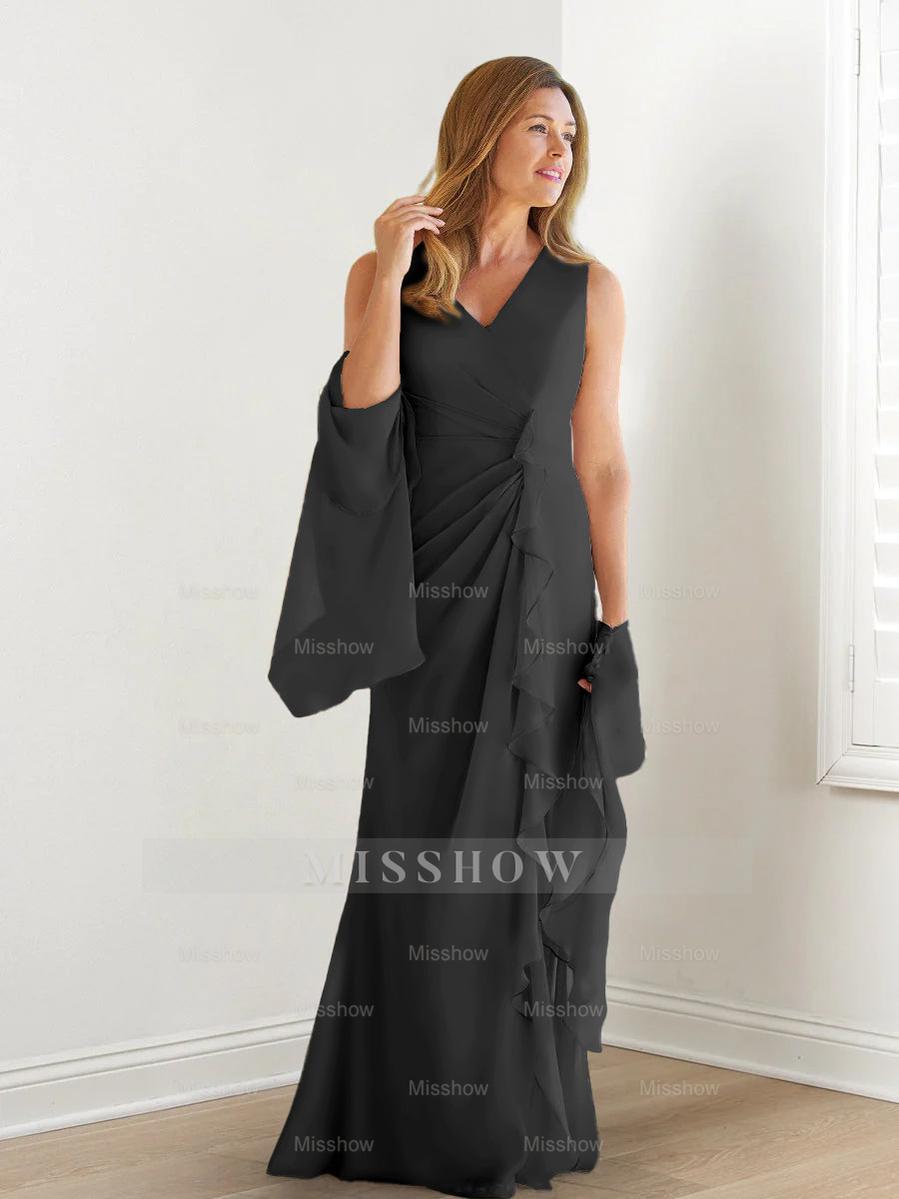 V-Neck Sleeveless Floor-Length Mother of the Bride Gown with Wraps & Ruffles