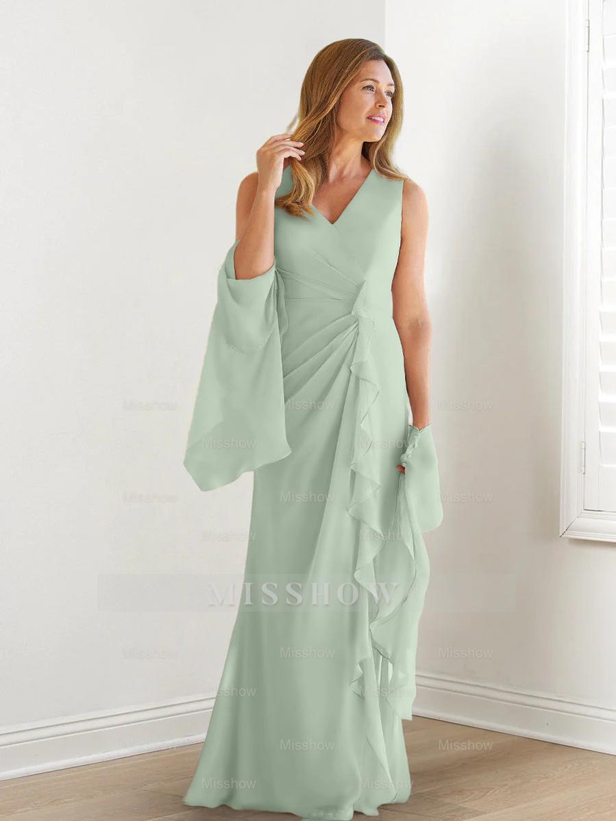 V-Neck Sleeveless Floor-Length Mother of the Bride Gown with Wraps & Ruffles