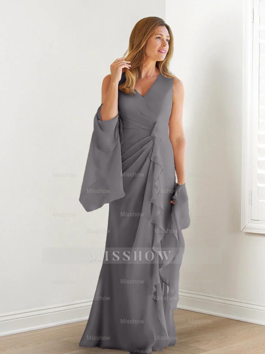 V-Neck Sleeveless Floor-Length Mother of the Bride Gown with Wraps & Ruffles