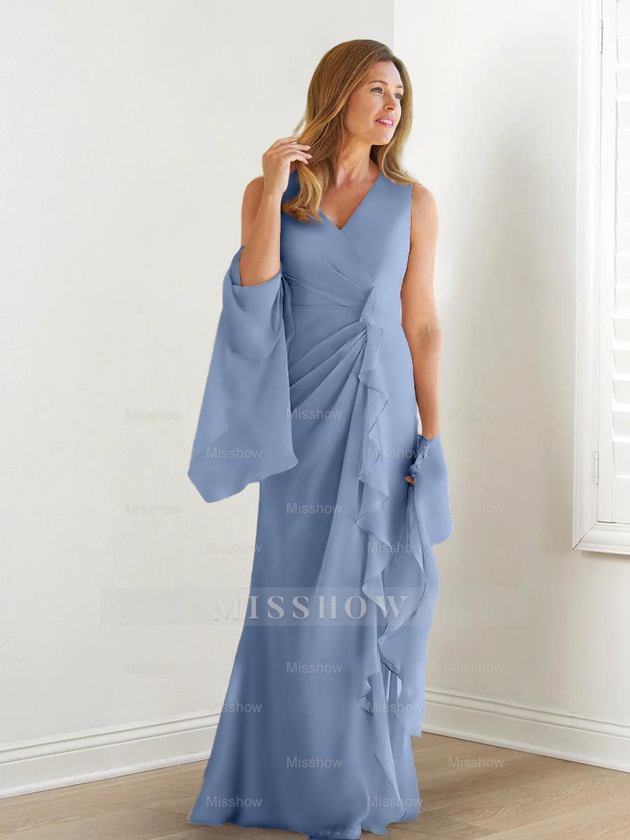 V-Neck Sleeveless Floor-Length Mother of the Bride Gown with Wraps & Ruffles