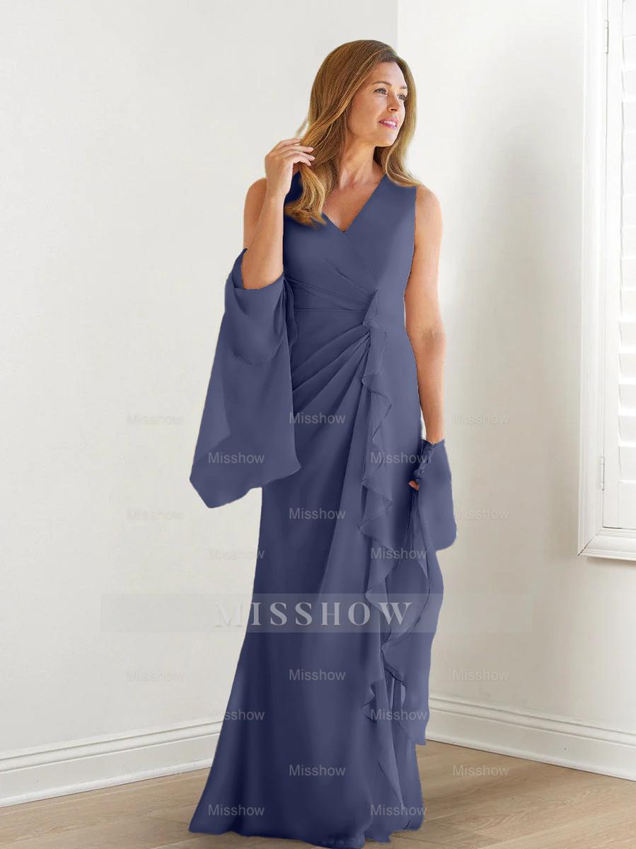 V-Neck Sleeveless Floor-Length Mother of the Bride Gown with Wraps & Ruffles