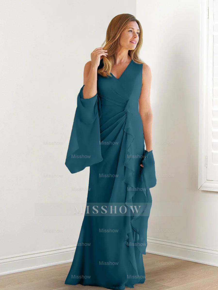 V-Neck Sleeveless Floor-Length Mother of the Bride Gown with Wraps & Ruffles