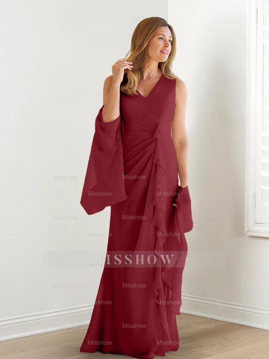 V-Neck Sleeveless Floor-Length Mother of the Bride Gown with Wraps & Ruffles
