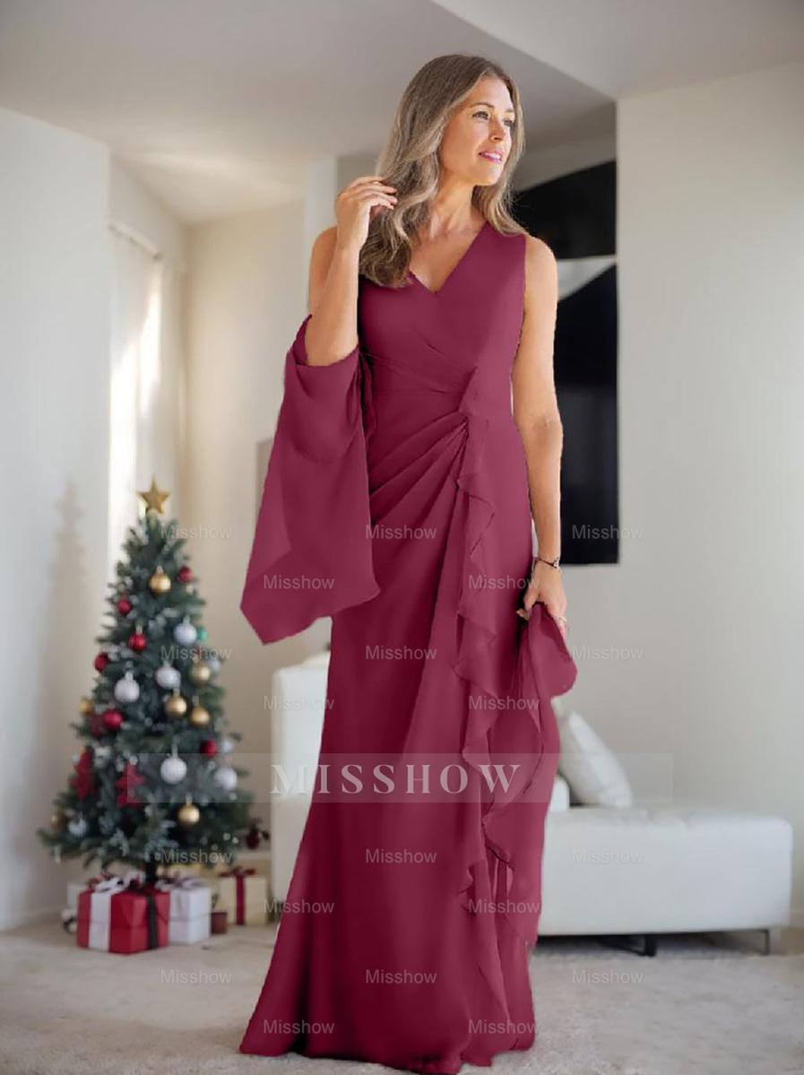 V-Neck Sleeveless Floor-Length Mother of the Bride Gown with Wraps & Ruffles