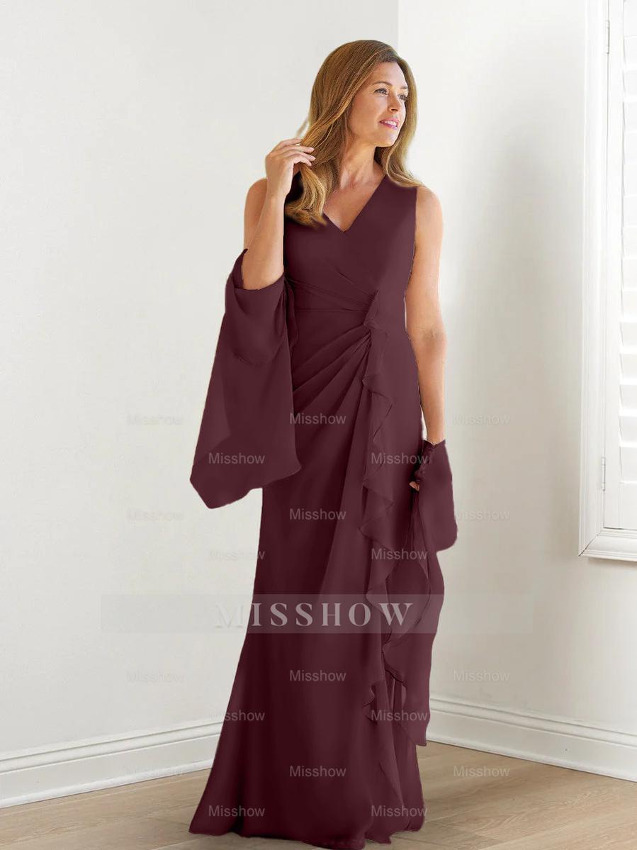 V-Neck Sleeveless Floor-Length Mother of the Bride Gown with Wraps & Ruffles