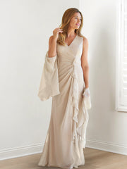 V-Neck Sleeveless Floor-Length Mother of the Bride Gown with Wraps & Ruffles