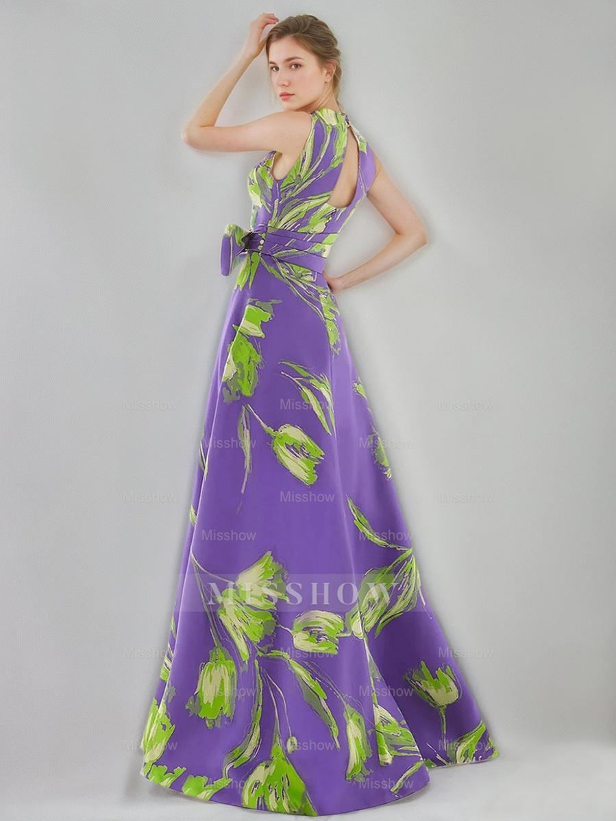 V-Neck Sleeveless Floral Printed A-Line/Princess Dress with Bow Belt for Mother of the Bride & Groom