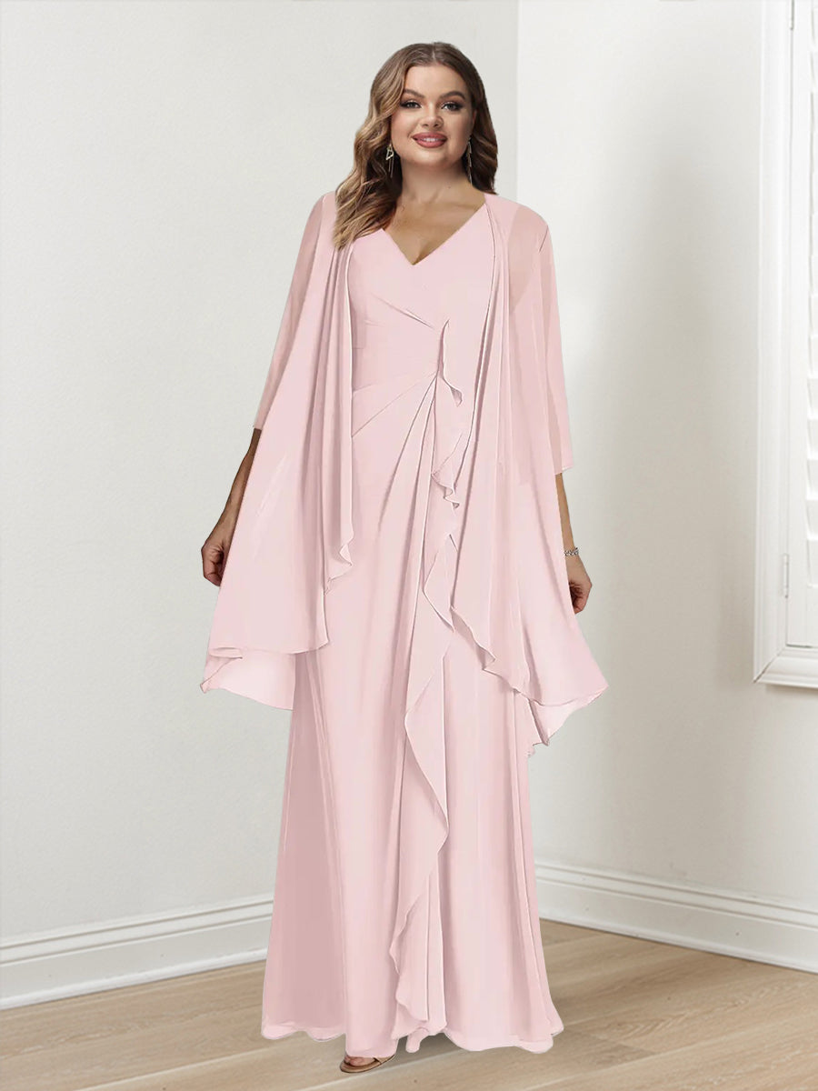 V-Neck Sleeveless Plus Size Floor-Length Mother of the Bride Sheath Dress with Wrap
