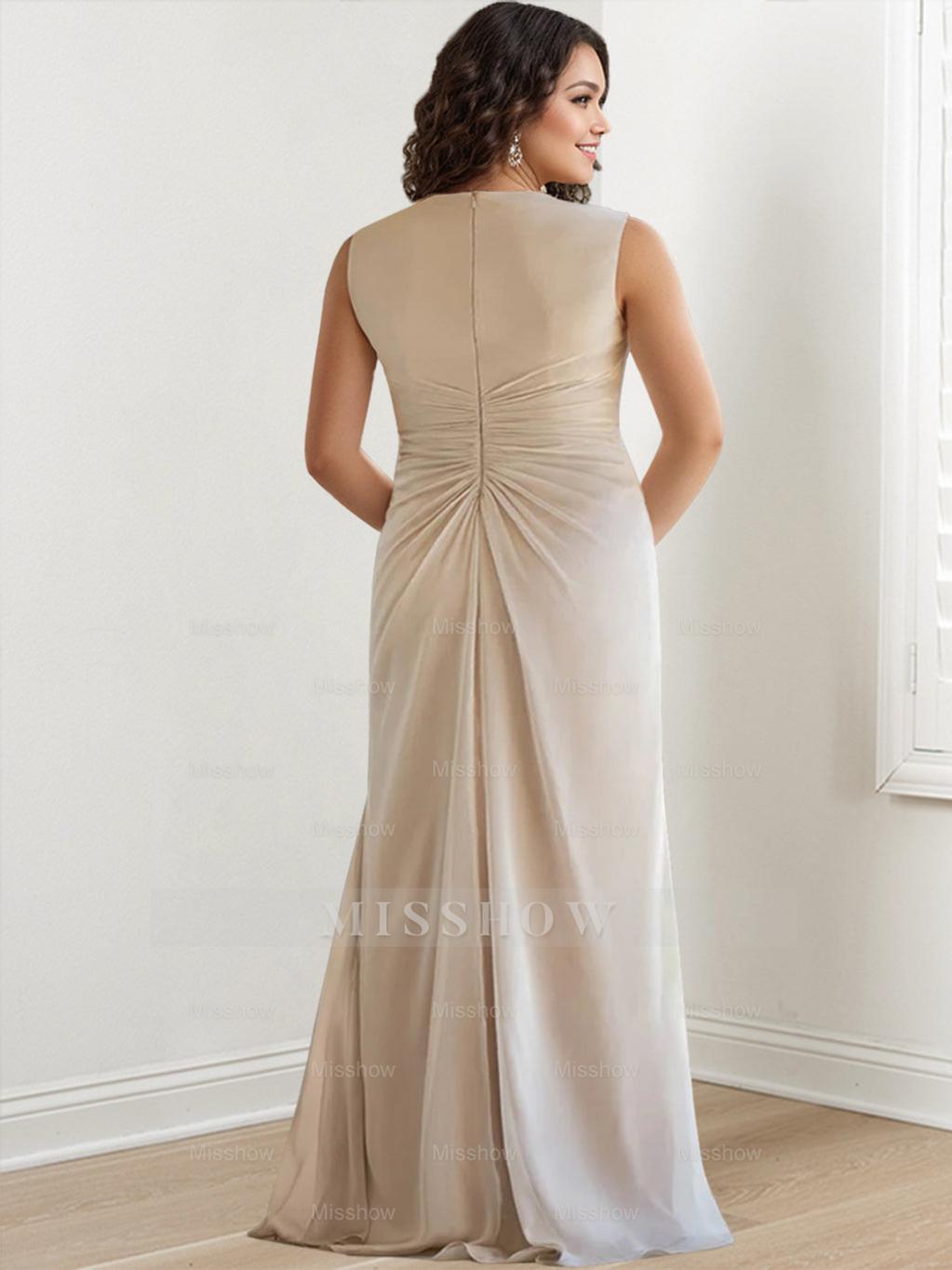 V-Neck Sleeveless Plus Size Mother of the Bride Sheath Dress with Floor-Length Ruffles & Wraps